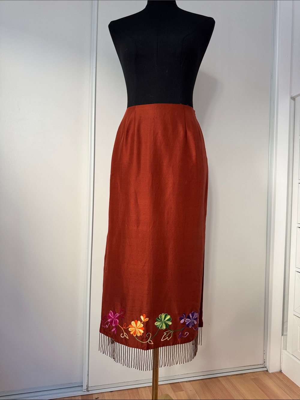 Tracy M. Vintage Deadstock Rust Embroidered Midi Skirt with Beaded Fringe